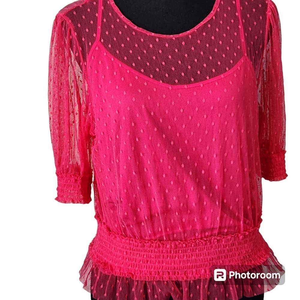 Semi Sheer Polka-Dot Tulle Blouse/Tank HOT PINK Feminine Romantic 90s Y2K - Picture 2 of 10
